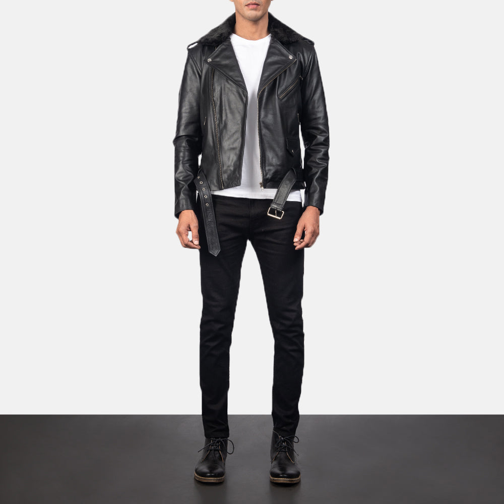 Furton Black Leather Biker Racer Jacket