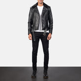 Furton Black Leather Biker Racer Jacket