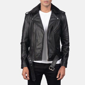 Furton Black Leather Biker Racer Jacket