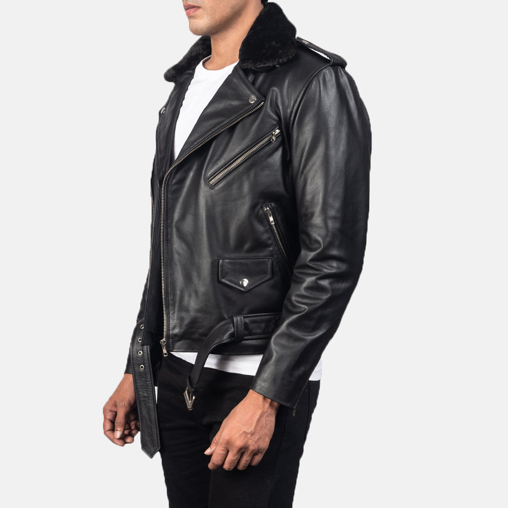 Furton Black Leather Biker Racer Jacket