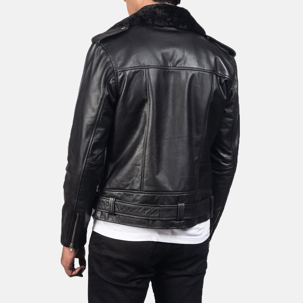 Furton Black Leather Biker Racer Jacket