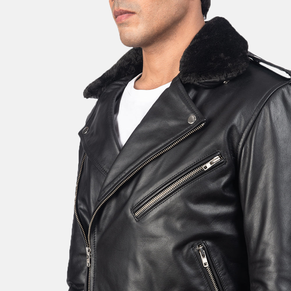 Furton Black Leather Biker Racer Jacket