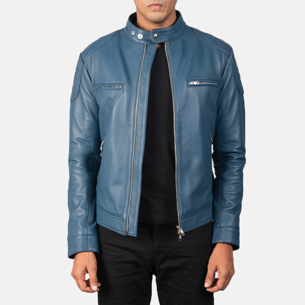 Gatsby Blue Leather Biker Racer Jacket