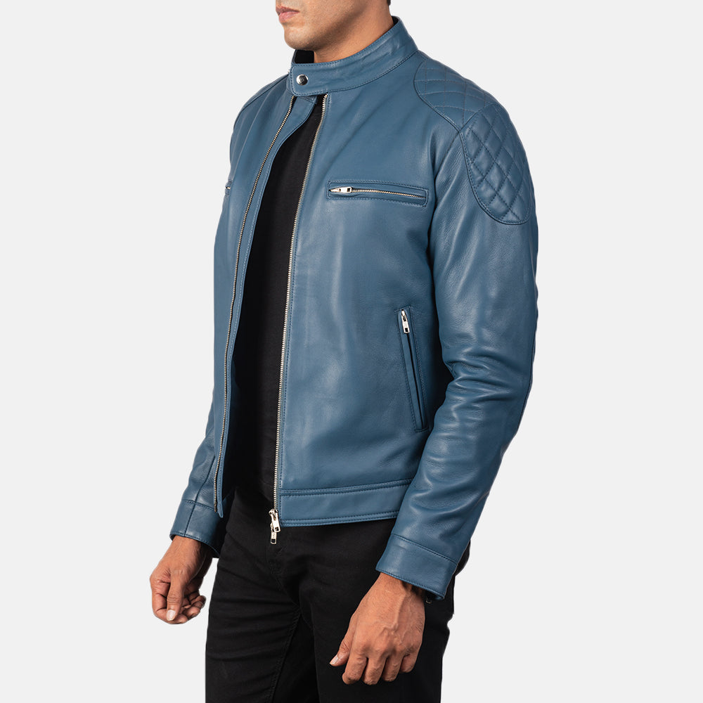 Gatsby Blue Leather Biker Racer Jacket