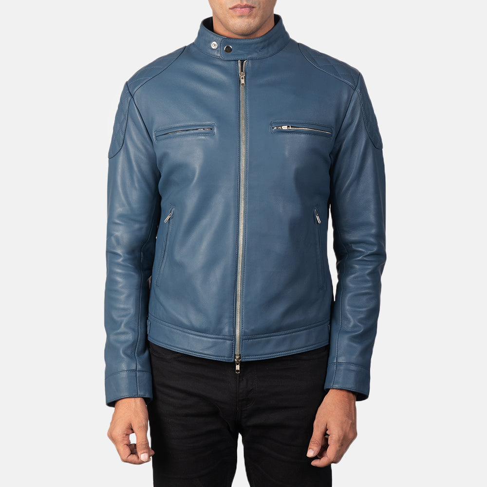 Gatsby Blue Leather Biker Racer Jacket